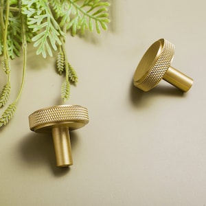 May include: Two gold-toned metal cabinet knobs with a textured, circular design. The knobs have a cylindrical stem.