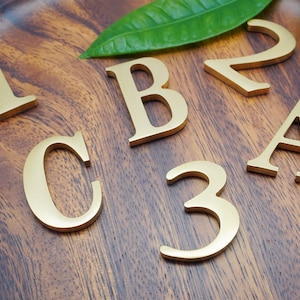 Puede incluir: Letras y números metálicos dorados, incluyendo 1, 2, 3, A, B y C, están dispuestos sobre una superficie de madera. Las letras y los números están en una fuente serif. Hojas verdes en el fondo.