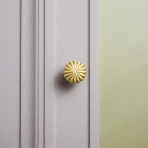 May include: A gold-coloured, flower-shaped cabinet knob is mounted on a light grey, vertically panelled surface. The knob has a detailed, ridged design. The background is a pale green colour.