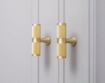 Knurled Single T Bar Solid Brass Handles,Knurled Handles, Drawer Pulls, Gold Brass Drawer Knobs, Replacement Door Handles,Textured