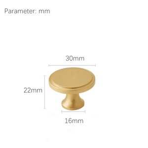 May include: A gold-colored cabinet knob with a round top, measuring 30mm in diameter, 22mm in height, and a base of 16mm. The knob has a simple, elegant design, suitable for various furniture styles. The image includes the text "Parameter: mm".