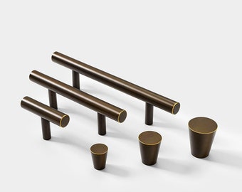 T Bar Solid Brass Cabinet Pulls,Coffee Bronze, Matte Black Cylindrical Handles For Furniture Doors,Drawers,Cabinets,Minimalist Modern Knobs