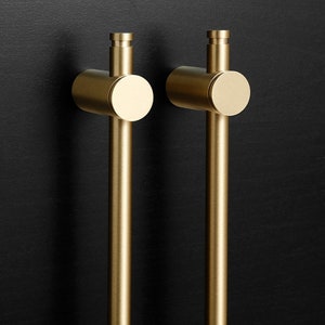 Puede incluir: Dos barras de toalla de metal dorado con extremos redondos montadas en una pared negra.