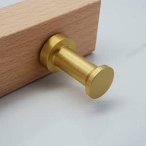 Pode incluir: Um gancho de metal dourado escovado montado em um bloco de madeira. O gancho tem um design simples e cilíndrico com uma parte superior arredondada.