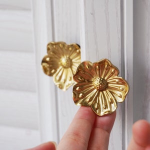 Brass Flower Cabinet Knobs: Sakura Drawer Pulls, Gold Art Hardware
