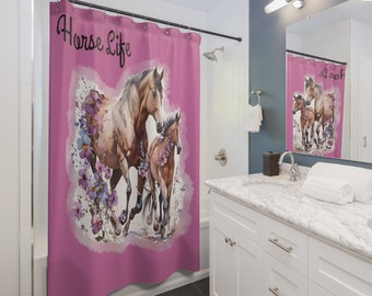 Horse Life - Wild Horses -4- Shower Curtains - Pink