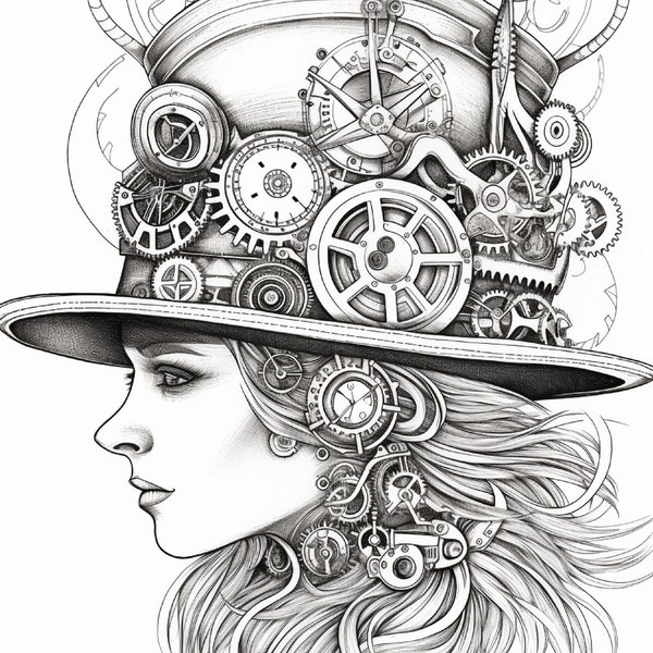 Steampunk Big Hat Series 46-50 Coloring Pages 8x11