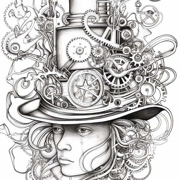 Steampunk Big Hat Series 41-45 Coloring Pages 8x11