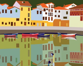 Basque Travel Poster Pasajes bay fishing town with house boats reflections
