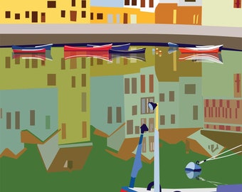 Basque Travel Poster Pasajes bay fishing town with house boats reflections