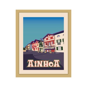 Basque Travel Poster AINHOA one of most beautiful villages in Basque Country