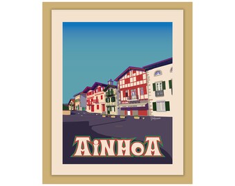 Basque Travel Poster AINHOA one of most beautiful villages in Basque Country