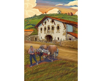 Basque Travel Canvas Farm House Oxen Baserri Gizaburuaga