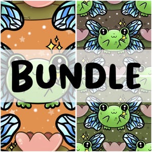 Puede incluir: Un paquete de descarga digital de dos patrones sin costuras con lindas ranas verdes con alas azules y estrellas brillantes sobre un fondo naranja claro y verde oscuro. El texto "BUNDLE" está superpuesto en la imagen.