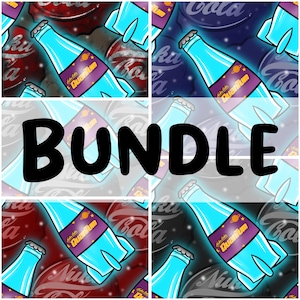 Puede incluir: Un collage digital de cuatro patrones diferentes con una botella azul y morada con un diseño de cohete. La botella tiene el texto "Nuka Cola Quantum" en la etiqueta. Los patrones de fondo son rojo, azul, gris y negro.