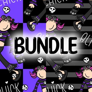 May include: A digital illustration of a pattern featuring a cartoon girl with pink hair and black clothing. The girl is holding a purse and has a skull on her head. The background is a black and purple striped pattern. The text "BUNDLE" is in the centre of the image.