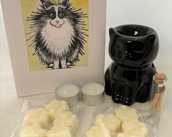 Wax Melt gift set with black cat oil burner, gift card and wax melts made for cat lovers
