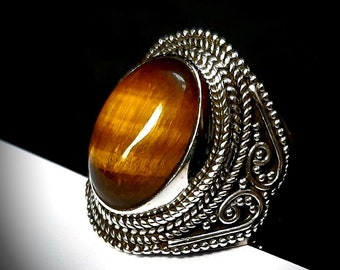 Natural Tigers Eye gemstone Ring Sterling Silver 925, Taille 7,1/2US