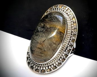 Handmade Ring, Sterling silver 925, Natural Rutilated Quartz Gemstone, Size 9,3/4US