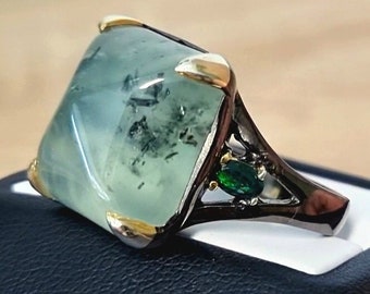 Natural 35Ct Sugarloaf Prehnite Ring, Sterling silver 925, 8.5US