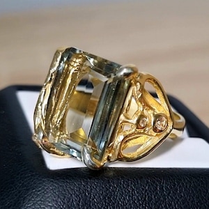 14Ct Natural Green Amethyst gemstone Ring, sterling silver 925, gold plated, 8.5US