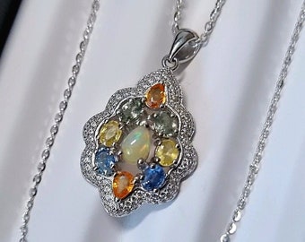 Natural Opal and Sapphire gems Necklace, Sterling silver, 18 Inches