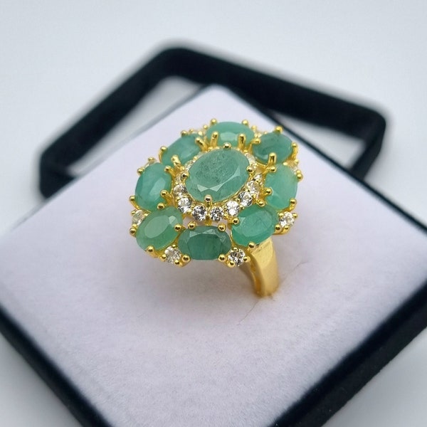 Natural Emerald 8x6 gemstone Ring, silver 925, gold plated, 7.5US