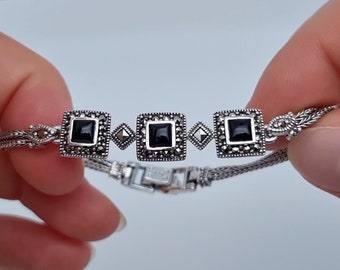 Natural Black Onyx and Marcasite gemstone Bracelet, Sterling silver 925, 7.5Inches