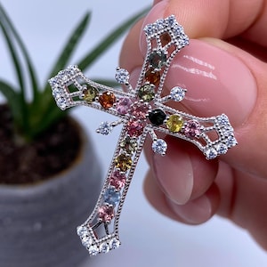 Bellissimo pendente a croce con gemma tormalina naturale, argento sterling 925, placcato oro - Italia