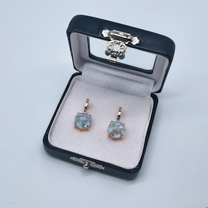 Beautiful Earrings with Natural Sky Blue Topaz 10x10 gems, 14 Karat Solid Rose Gold