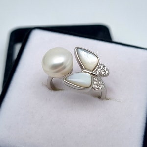 Natural Pearl & Mother of Pearl Ring, Sterling silver 925, Size 6-7US Adjustable