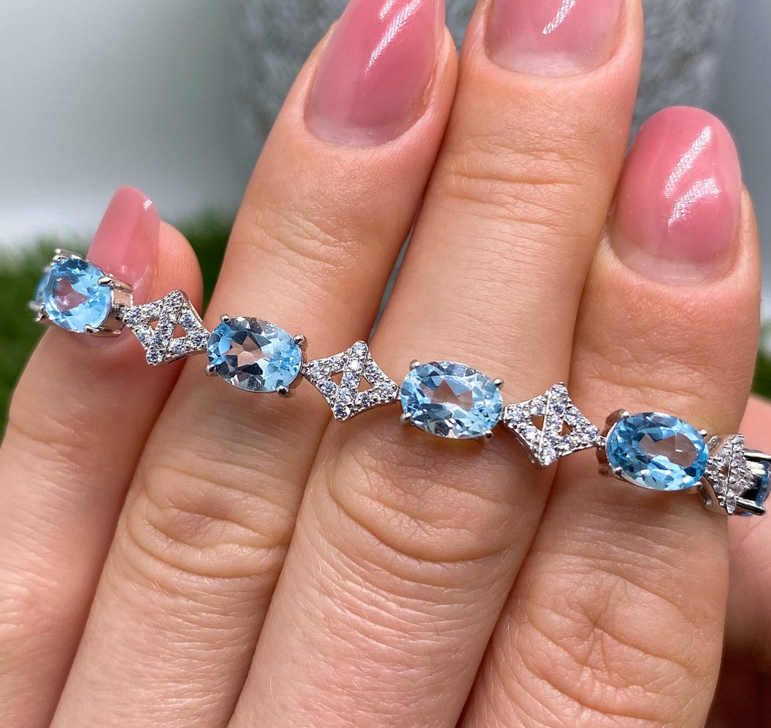 天然スカイブルートパーズ宝石付きブレスレット、925スターリング