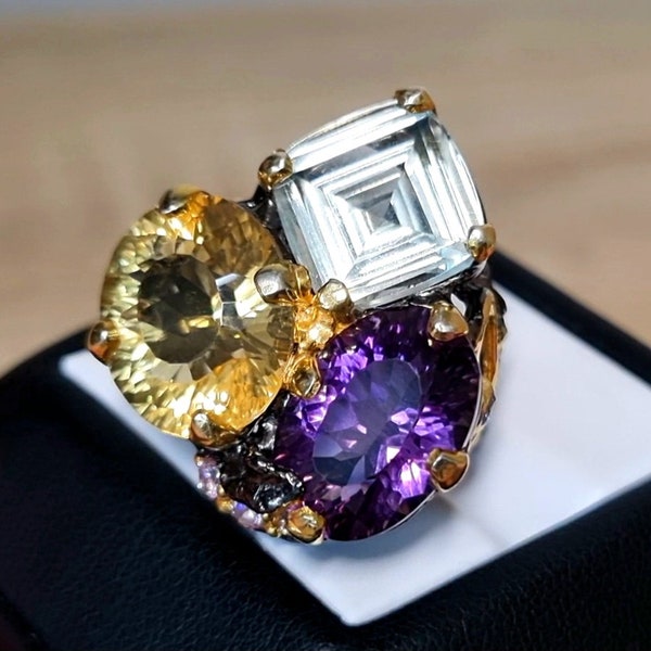 Natural Amethyst and Citrine gemstones Ring, sterling silver 925, rhodium plated, 6.5US