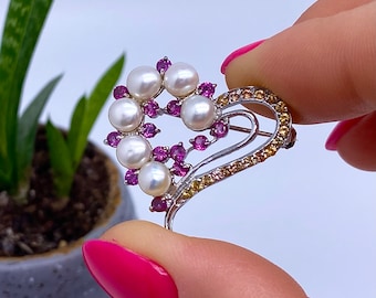 Brooch with Natural Pearl , Rhodolite and Sapphire, sterling silver 925, gold plated