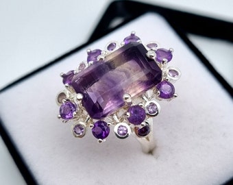7Ct Natural Fluorite and Amethyst gemstone Ring, Sterling silver 925, Size 7US
