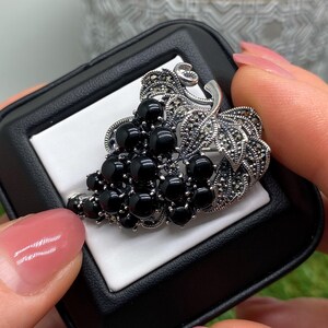 Brooch-Pendant with Natural Black Onyx and Marcasite, sterling silver 925