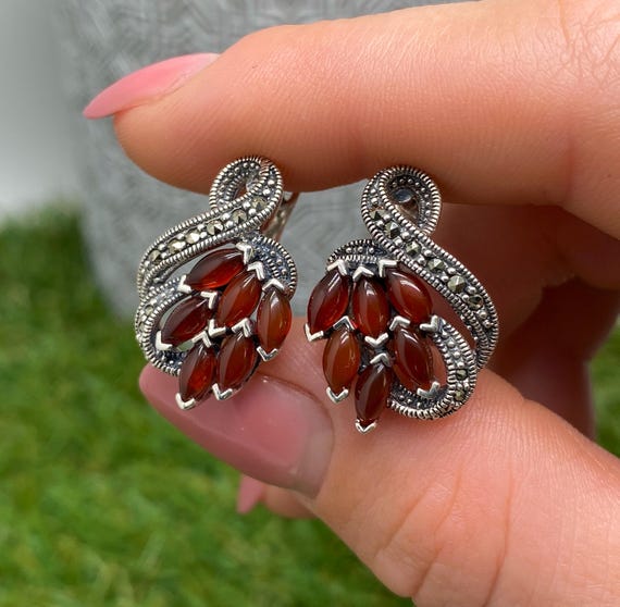 Carnelian and Marcasite Natural Gemstone Earrings, Sterling Silver