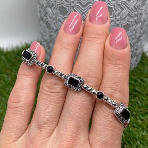 Black Onyx and Marcasite natural gemstone Bracelet, Sterling silver 925, 6.5 ,7 and 8 Inches