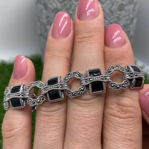 Natural Black Onyx and Marcasite gemstone Bracelet, Sterling silver 925, 7Inches