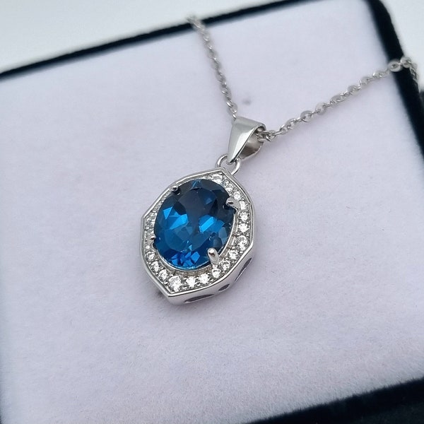 Natural London blue Topaz gemstone Necklace, Sterling silver 925, gold plated, 18 Inches