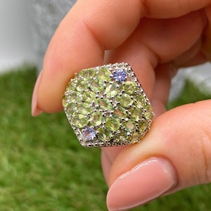 Natural Peridot and Tanzanite gemstone Ring, Sterling Silver 925, gold plated, Size 9US