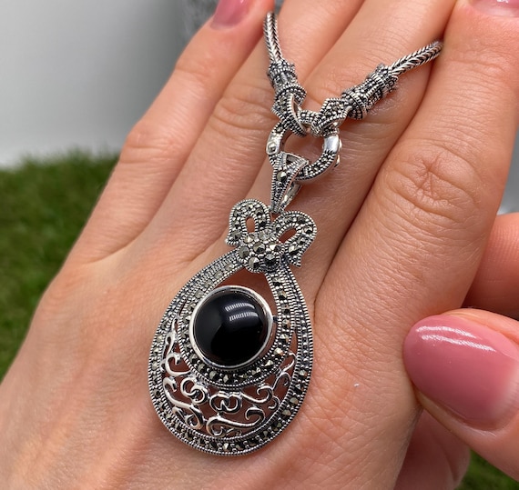 Necklace With Black Onyx and Marcasite Gemstone, Sterling Silver 