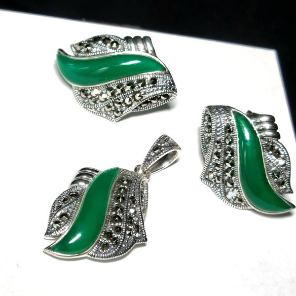 Conjunto de piedras preciosas de Marcasita Natural y Ágata Verde, Plata de Ley 925.