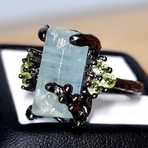 Natural Aquamarine gemstone Ring, Rhodium plated, Sterling silver 925, Size 8US