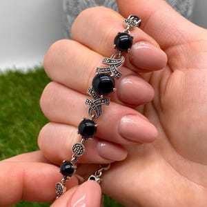 Natural Black Onyx and Marcasite gemstone Bracelet, Sterling silver 925, 7Inches