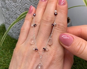 Natural Briolette Rose Quartz and Rhodolite Necklace, gold plated, Sterling silver 925, 18Inches