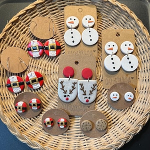 Christmas Clay Earrings, Christmas Studs, Holiday Earrings. Reindeer, snowman, Santa belt, and cookiess earrings