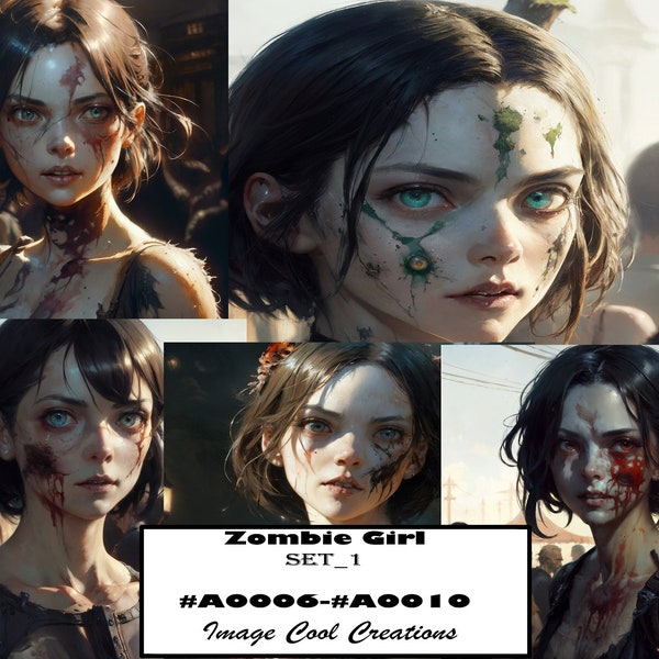 Set of beautiful zombie girls, photo poses, perfect face. perfect eyes, photo realistic, images created in IA. SET # 1 photos.
