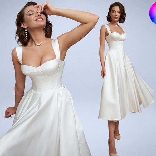 Simple Short Wedding Dress - Satin Bridal Dress - Backless Sweetheart Princess Bride Gown - Modern Pleated Bridal Dress - Lace Up Dresses