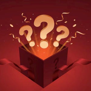 May include: Illustration of a red gift box with three large question marks floating above it. The box is open, with light emanating from within. Gold confetti and a red ribbon add to the festive design.